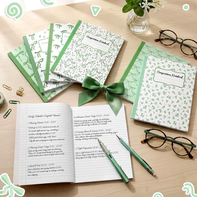 Alt view image 3 of 6 - 6 Pack Green Composition Notebook College Ruled Back to School Supplies 110 Pages Note Taking, 9-3/4 x 7-1/2"Inch Size, Preppy Aesthetic Design, Cute Journal Office Use