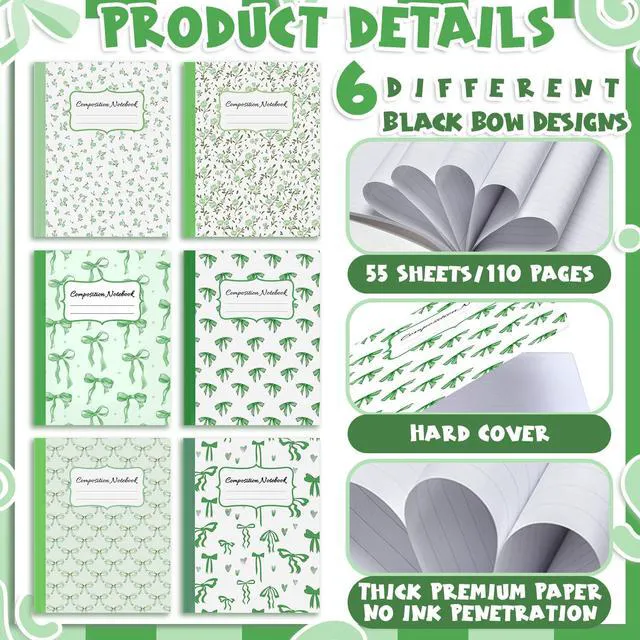 Alt view image 4 of 6 - 6 Pack Green Composition Notebook College Ruled Back to School Supplies 110 Pages Note Taking, 9-3/4 x 7-1/2"Inch Size, Preppy Aesthetic Design, Cute Journal Office Use