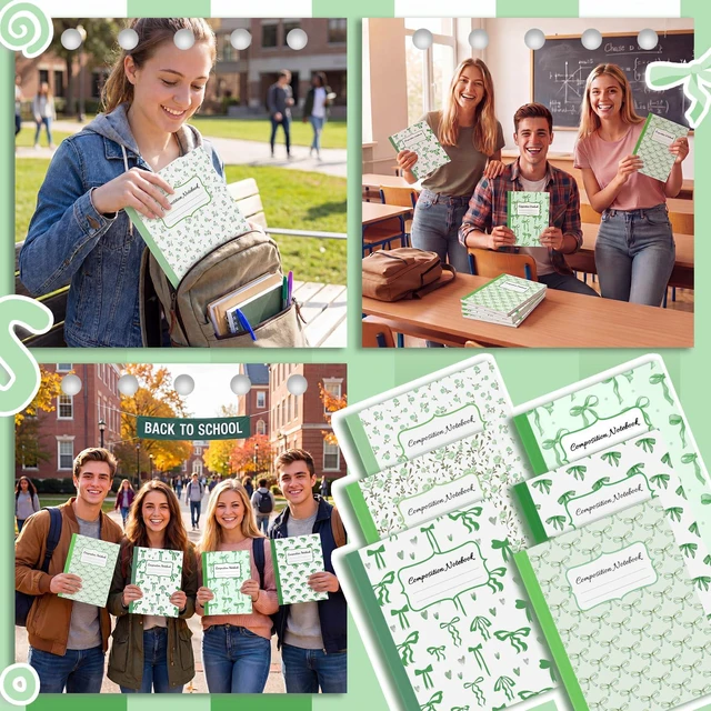 Alt view image 5 of 6 - 6 Pack Green Composition Notebook College Ruled Back to School Supplies 110 Pages Note Taking, 9-3/4 x 7-1/2"Inch Size, Preppy Aesthetic Design, Cute Journal Office Use