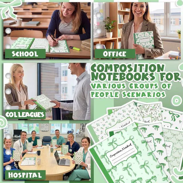 Alt view image 6 of 6 - 6 Pack Green Composition Notebook College Ruled Back to School Supplies 110 Pages Note Taking, 9-3/4 x 7-1/2"Inch Size, Preppy Aesthetic Design, Cute Journal Office Use