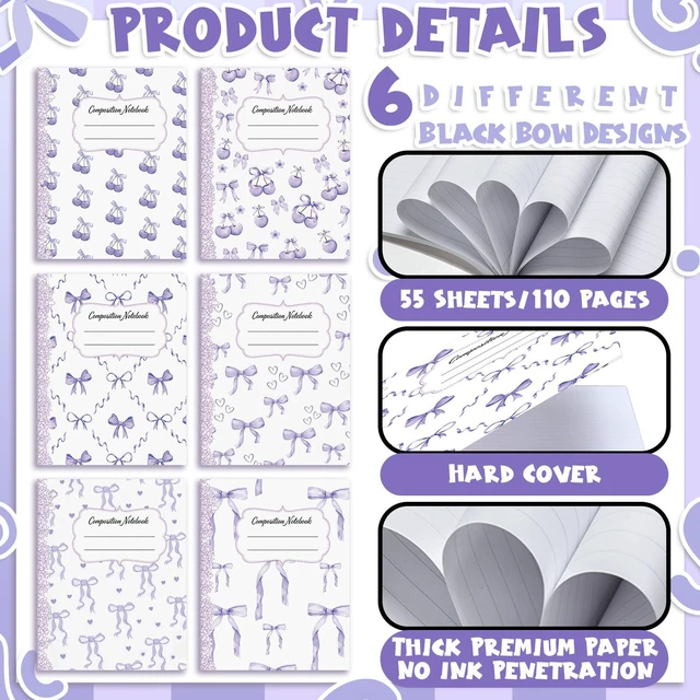 Alt view image 6 of 7 - 6 Pack Light Purple Composition Notebook College Ruled Back to School Supplies 110 Pages Note Taking, 9-3/4 x 7-1/2"Inch Size, Preppy Aesthetic Design, Cute Journal Office Use
