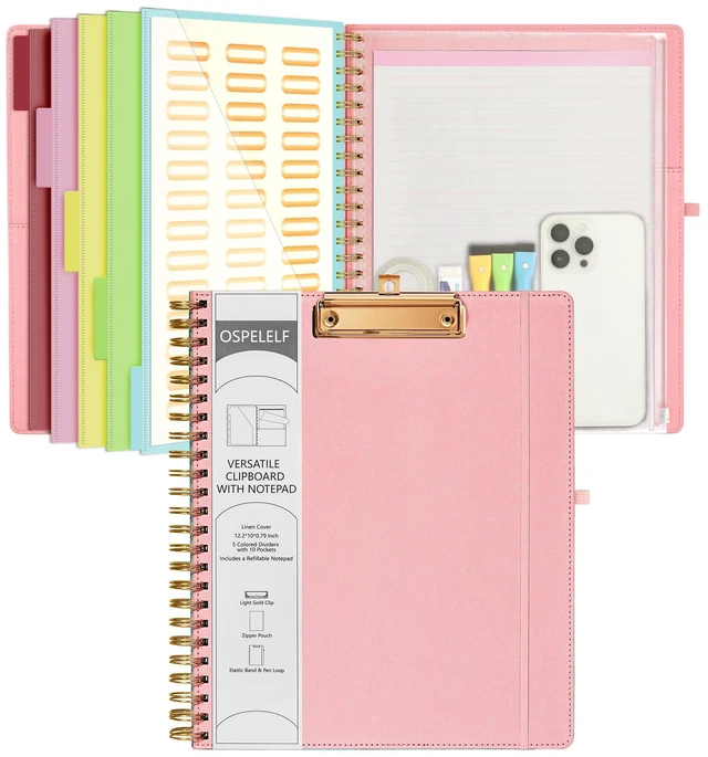 Main image of Pink Foldable Spiral Clipboard Folio with Storage Zipper Pouch, 5 Plastic Folders with 10 Pockets,Refillable Lined Notepad (11" x 8.5"), Hardcover Project Organizer with 39 Stickers