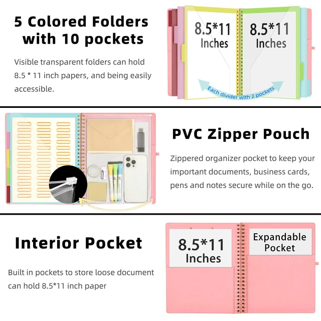 Alt view image 2 of 6 - Pink Foldable Spiral Clipboard Folio with Storage Zipper Pouch, 5 Plastic Folders with 10 Pockets,Refillable Lined Notepad (11" x 8.5"), Hardcover Project Organizer with 39 Stickers