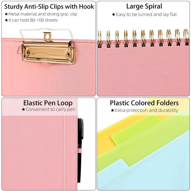 Alt view image 4 of 6 - Pink Foldable Spiral Clipboard Folio with Storage Zipper Pouch, 5 Plastic Folders with 10 Pockets,Refillable Lined Notepad (11" x 8.5"), Hardcover Project Organizer with 39 Stickers