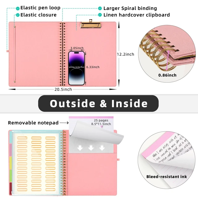 Alt view image 3 of 6 - Pink Foldable Spiral Clipboard Folio with Storage Zipper Pouch, 5 Plastic Folders with 10 Pockets,Refillable Lined Notepad (11" x 8.5"), Hardcover Project Organizer with 39 Stickers