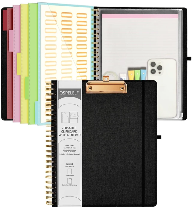 Main image of Black Foldable Spiral Clipboard Folio with Storage Zipper Pouch, 5 Plastic Folders with 10 Pockets,Refillable Lined Notepad (11" x 8.5"), Hardcover Project Organizer with 39 Stickers