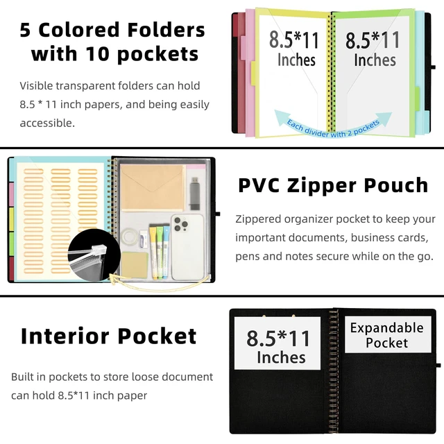 Alt view image 2 of 6 - Black Foldable Spiral Clipboard Folio with Storage Zipper Pouch, 5 Plastic Folders with 10 Pockets,Refillable Lined Notepad (11" x 8.5"), Hardcover Project Organizer with 39 Stickers