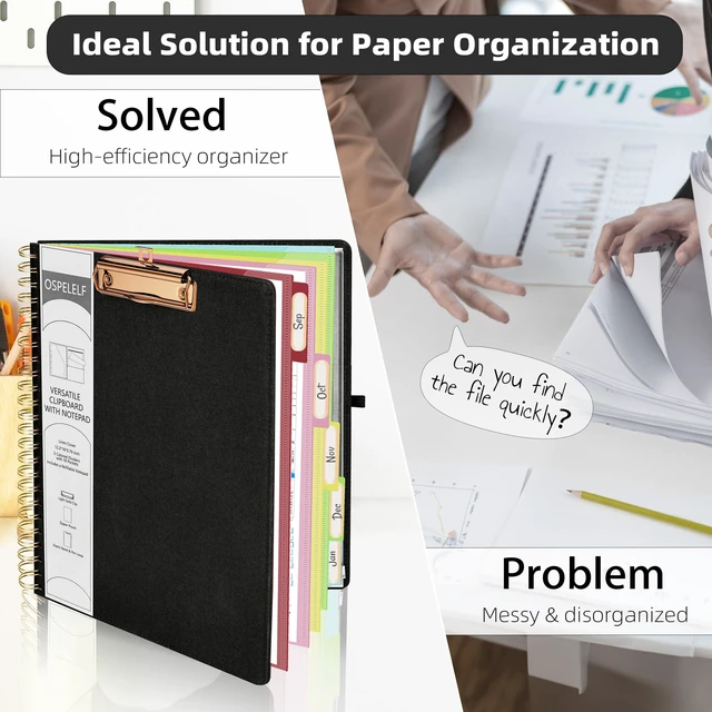 Alt view image 5 of 6 - Black Foldable Spiral Clipboard Folio with Storage Zipper Pouch, 5 Plastic Folders with 10 Pockets,Refillable Lined Notepad (11" x 8.5"), Hardcover Project Organizer with 39 Stickers