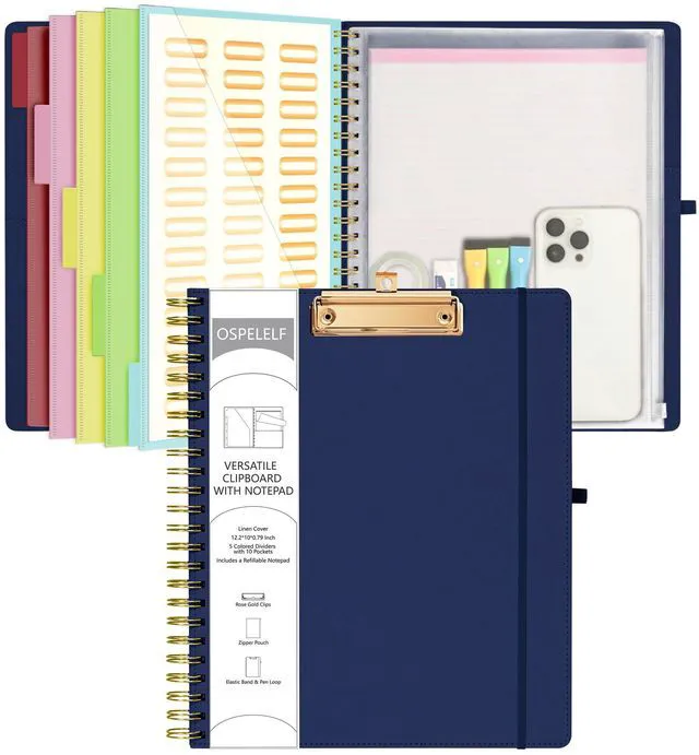 Main image of Bule Foldable Spiral Clipboard Folio with Storage Zipper Pouch, 5 Plastic Folders with 10 Pockets, Refillable Lined Notepad (11" x 8.5"), Linen Hardcover Project Organizer