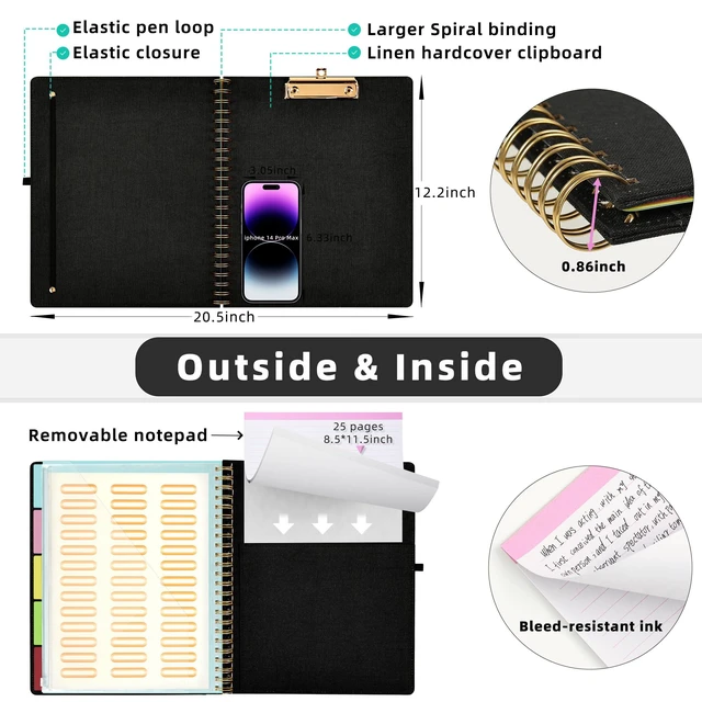Alt view image 3 of 6 - Black Foldable Spiral Clipboard Folio with Storage Zipper Pouch, 5 Plastic Folders with 10 Pockets,Refillable Lined Notepad (11" x 8.5"), Hardcover Project Organizer with 39 Stickers
