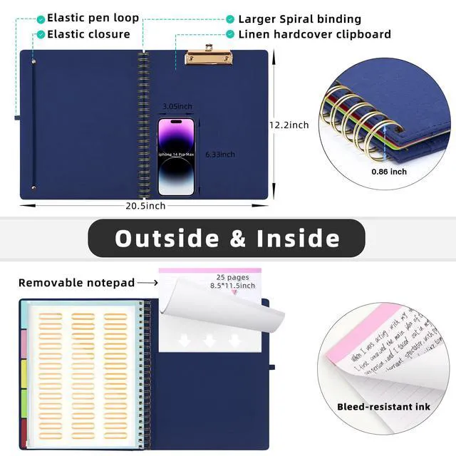 Alt view image 3 of 7 - Bule Foldable Spiral Clipboard Folio with Storage Zipper Pouch, 5 Plastic Folders with 10 Pockets, Refillable Lined Notepad (11" x 8.5"), Linen Hardcover Project Organizer