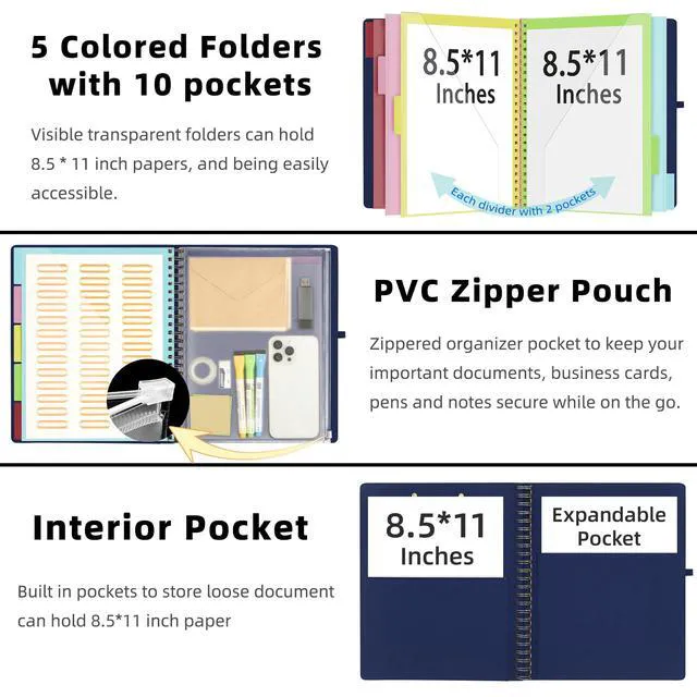 Alt view image 2 of 7 - Bule Foldable Spiral Clipboard Folio with Storage Zipper Pouch, 5 Plastic Folders with 10 Pockets, Refillable Lined Notepad (11" x 8.5"), Linen Hardcover Project Organizer