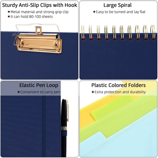 Alt view image 4 of 7 - Bule Foldable Spiral Clipboard Folio with Storage Zipper Pouch, 5 Plastic Folders with 10 Pockets, Refillable Lined Notepad (11" x 8.5"), Linen Hardcover Project Organizer