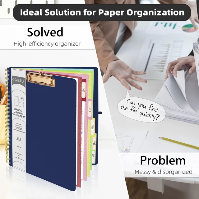 Alt view image 5 of 7 - Bule Foldable Spiral Clipboard Folio with Storage Zipper Pouch, 5 Plastic Folders with 10 Pockets, Refillable Lined Notepad (11" x 8.5"), Linen Hardcover Project Organizer