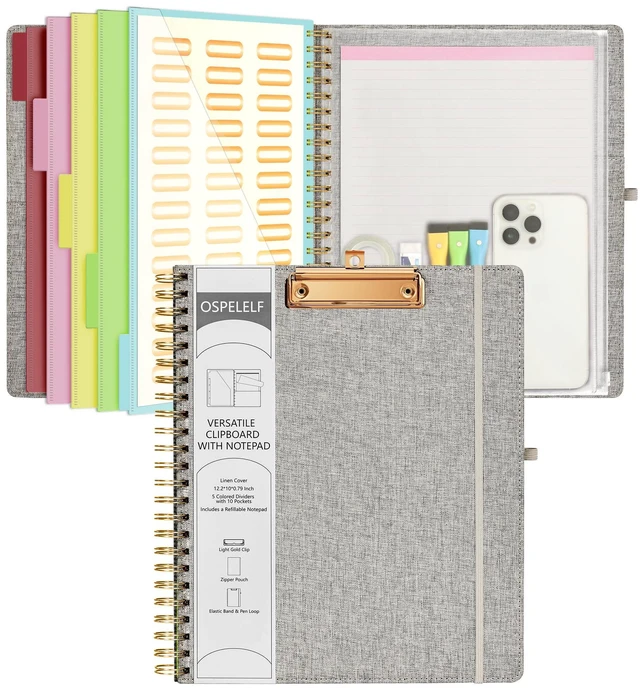 Main image of Foldable Spiral Clipboard Folio with Storage Zipper Pouch, 5 Plastic Folders with 10 Pockets,Refillable Lined Notepad (11" x 8.5"), Hardcover Project Organizer with 39 Stickers (Grey)