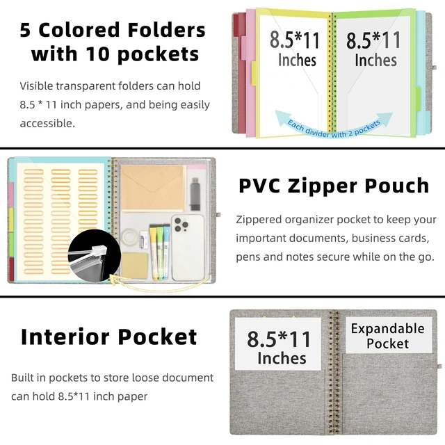 Alt view image 2 of 6 - Foldable Spiral Clipboard Folio with Storage Zipper Pouch, 5 Plastic Folders with 10 Pockets,Refillable Lined Notepad (11" x 8.5"), Hardcover Project Organizer with 39 Stickers (Grey)