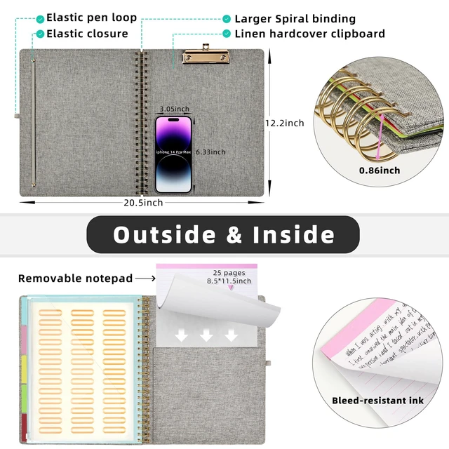 Alt view image 3 of 6 - Foldable Spiral Clipboard Folio with Storage Zipper Pouch, 5 Plastic Folders with 10 Pockets,Refillable Lined Notepad (11" x 8.5"), Hardcover Project Organizer with 39 Stickers (Grey)