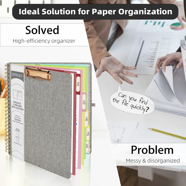 Alt view image 5 of 6 - Foldable Spiral Clipboard Folio with Storage Zipper Pouch, 5 Plastic Folders with 10 Pockets,Refillable Lined Notepad (11" x 8.5"), Hardcover Project Organizer with 39 Stickers (Grey)