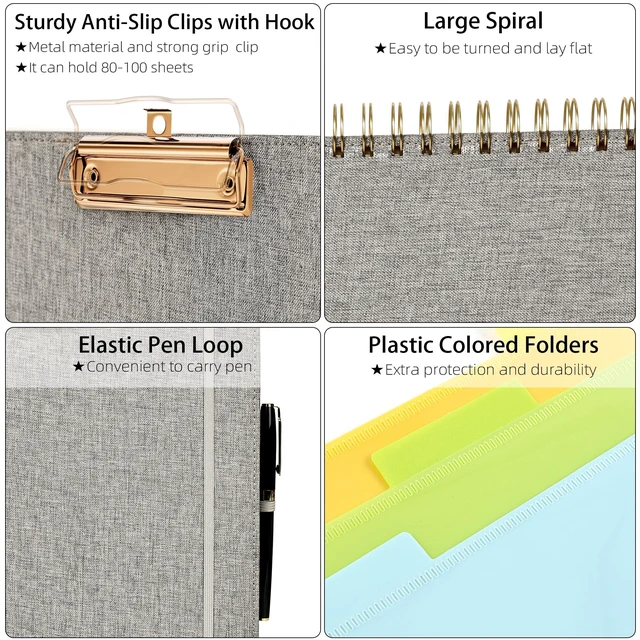 Alt view image 4 of 6 - Foldable Spiral Clipboard Folio with Storage Zipper Pouch, 5 Plastic Folders with 10 Pockets,Refillable Lined Notepad (11" x 8.5"), Hardcover Project Organizer with 39 Stickers (Grey)