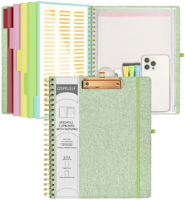Main image of Green Foldable Spiral Clipboard Folio with Storage Zipper Pouch, 5 Plastic Folders with 10 Pockets, Refillable Lined Notepad (11" x 8.5"), Linen Hardcover Project Organizer