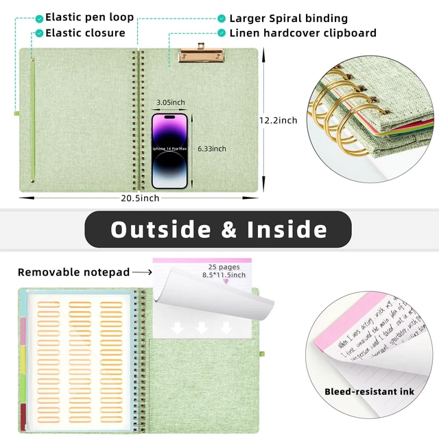 Alt view image 3 of 7 - Green Foldable Spiral Clipboard Folio with Storage Zipper Pouch, 5 Plastic Folders with 10 Pockets, Refillable Lined Notepad (11" x 8.5"), Linen Hardcover Project Organizer