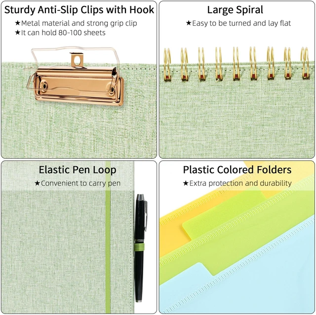 Alt view image 4 of 7 - Green Foldable Spiral Clipboard Folio with Storage Zipper Pouch, 5 Plastic Folders with 10 Pockets, Refillable Lined Notepad (11" x 8.5"), Linen Hardcover Project Organizer