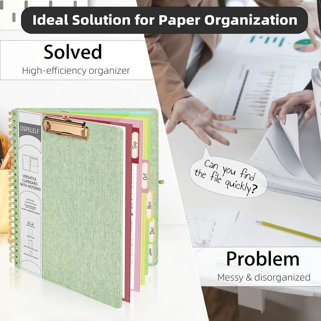 Alt view image 5 of 7 - Green Foldable Spiral Clipboard Folio with Storage Zipper Pouch, 5 Plastic Folders with 10 Pockets, Refillable Lined Notepad (11" x 8.5"), Linen Hardcover Project Organizer