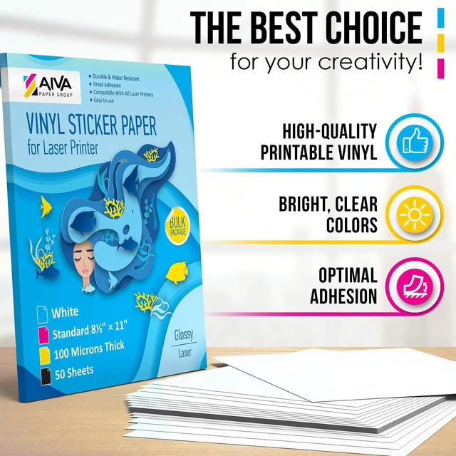 Alt view image 6 of 7 - Printable Vinyl Sticker Paper for Laser Printer - Glossy White - 50 Self-Adhesive Sheets - Waterproof Decal Paper - Standard Letter Size 8.5"x11"