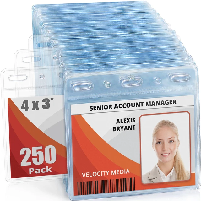 Main image of 4x3" Horizontal ID Name Badge Holder - Quick Load Zipperless, 250 Pack clear plastic identification card & name tag holders, soft edge, no zipper, pre-punched holes for all lanyard clips