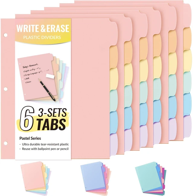 Main image of 6-Tab Durable Plastic Write & Erase Big Tab Dividers for 3 Ring Binder, Aesthetic Cute Binder Dividers for Student, Teacher, Office, Home Organizers, 6 Sets