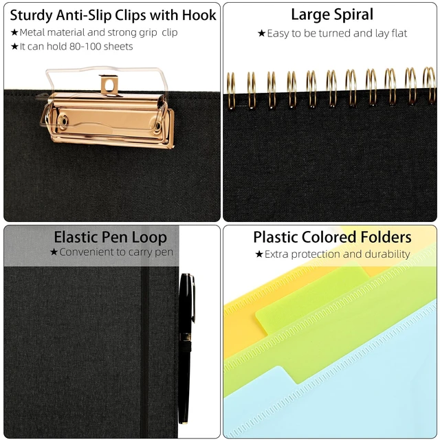 Alt view image 4 of 6 - Black Foldable Spiral Clipboard Folio with Storage Zipper Pouch, 5 Plastic Folders with 10 Pockets,Refillable Lined Notepad (11" x 8.5"), Hardcover Project Organizer with 39 Stickers