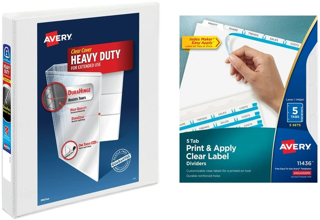Main image of Heavy-Duty View 3 Ring Binder with 1 Inch Rings, 5 Tab Easy Print & Apply Clear Label Binder Dividers, Office Supplies Set (01687)