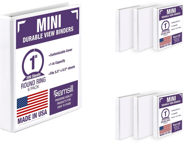 Main image of Economy 1 Inch Mini 3 Ring Binder, Round Ring Binder, Holds 5.5 x 8.5 Inch Documents, Customizable Cover, 1" View, 6-Pack, White