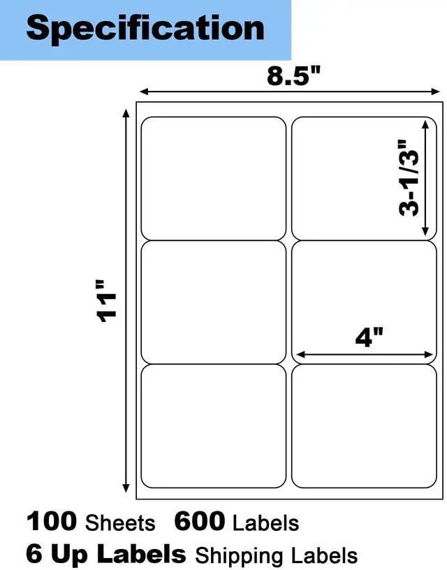 Alt view image 2 of 7 - 600 Pcs 4" x3-1/3 6 Up Shipping Labels for Laser & Inkjet Printer 100 Sheets Permanent Strong Adhesive Matte White 6 Labels per Page Sheets, Blank Mailing 6 per Sheet Barcode Labels Stickers