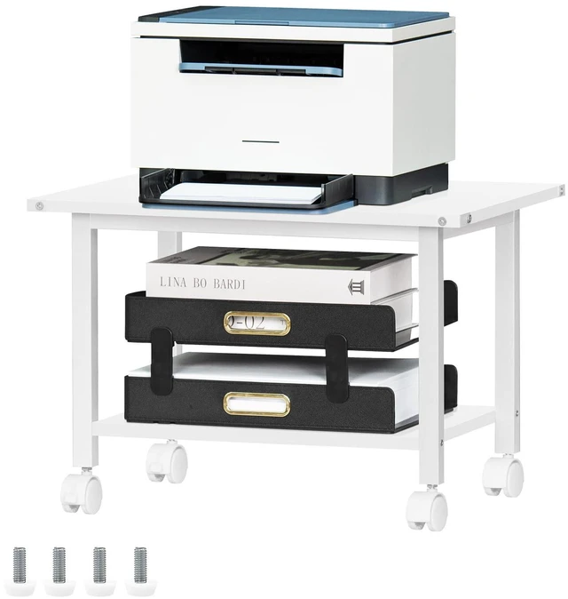 Main image of Under Desk Printer Stand, 2-Tier Industrial Rolling Printer Table White Small Mobile Printer Cart Desk for Home Office, Lockable Wheels, Open Storage Shelf, Metal frame