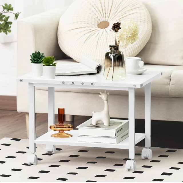 Alt view image 2 of 7 - Under Desk Printer Stand, 2-Tier Industrial Rolling Printer Table White Small Mobile Printer Cart Desk for Home Office, Lockable Wheels, Open Storage Shelf, Metal frame