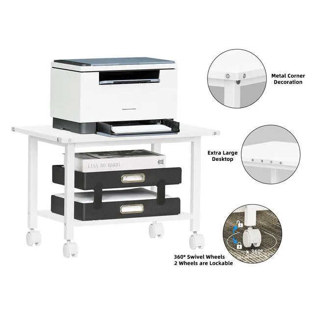 Alt view image 6 of 7 - Under Desk Printer Stand, 2-Tier Industrial Rolling Printer Table White Small Mobile Printer Cart Desk for Home Office, Lockable Wheels, Open Storage Shelf, Metal frame