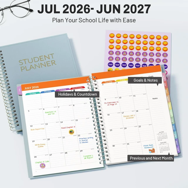 Alt view image 2 of 7 - Student Planner 2026-2027, Middle or High School Planner for Academic Year Jul. 2026 - Jun. 2027, 6.5" x 8.3" Lesson Plan Datebook with PVC Waterproof Cover, Bookmark, Planning Stickers, Blue