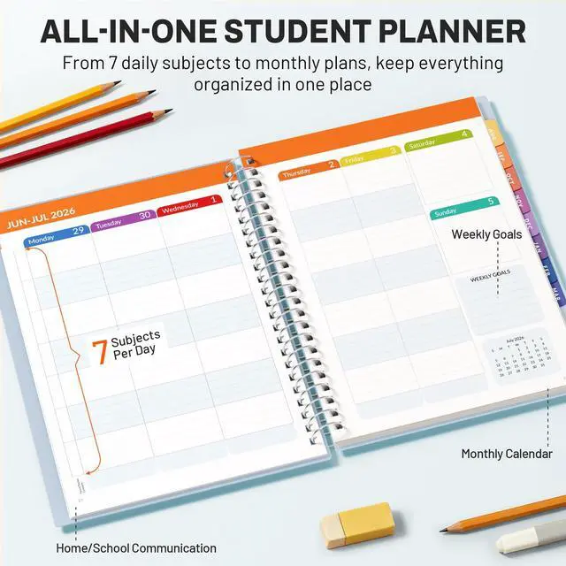 Alt view image 3 of 7 - Student Planner 2026-2027, Middle or High School Planner for Academic Year Jul. 2026 - Jun. 2027, 6.5" x 8.3" Lesson Plan Datebook with PVC Waterproof Cover, Bookmark, Planning Stickers, Blue