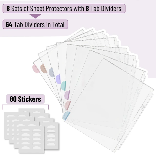 Alt view image 2 of 7 - Clear Sheet Protectors with Tabs, 8.5x11 Inches, 8 Tabs, 8 Sets | Durable Clear Plastic Dividers for 3 Ring Binders, Insertable Index Page Divider with Multicolor Tabs
