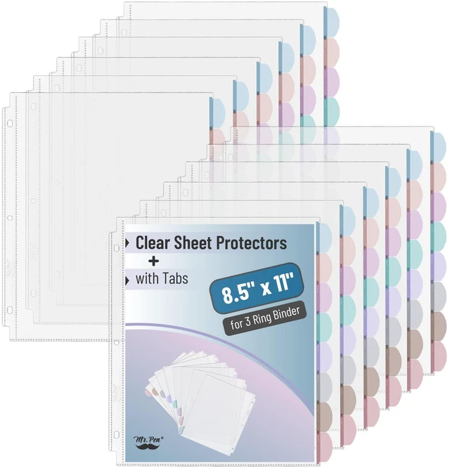 Main image of Bulk Clear Sheet Protectors with Tabs, 8.5"x11", 8 Tabs, 12 Sets Plastic Dividers for 3 Ring Binder, Insertable Index Page Divider Multicolor Tabs