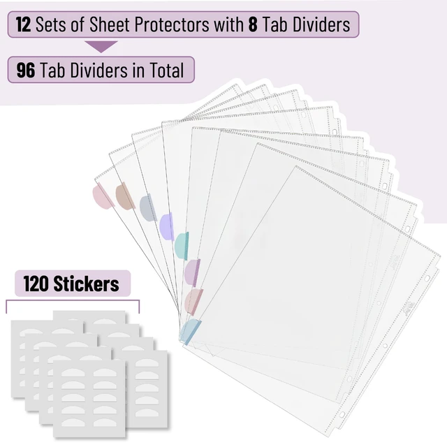 Alt view image 2 of 5 - Bulk Clear Sheet Protectors with Tabs, 8.5"x11", 8 Tabs, 12 Sets Plastic Dividers for 3 Ring Binder, Insertable Index Page Divider Multicolor Tabs