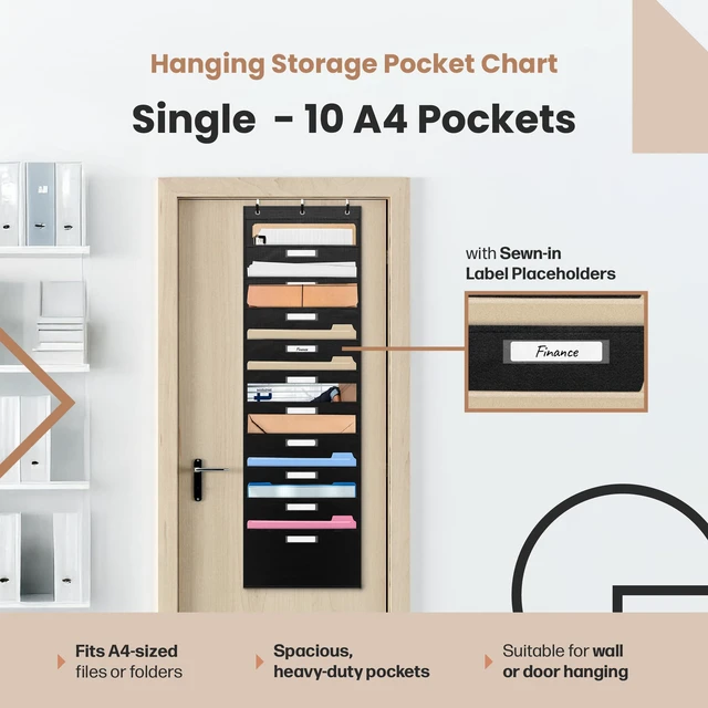 Alt view image 2 of 6 - Black Pocket Chart for Classroom - 10 Pocket Storage Rainbow Pocket Charts, 3 Over Door Hangers Included, Hanging Wall File Organizer for File Folders, School Mailbox, Home/Office Papers