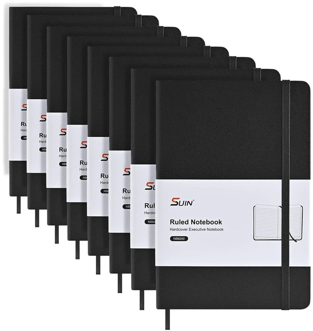 Main image of 8 Pack A5 Hardcover Lined Notebooks, 160 Pages, 100 GSM, Black Clean Full-Page Rules, Smooth 100 GSM Paper, Splash-Resistant Cover, Thread-Sewn Binding, Matching Ribbon, Elastic & Pocket