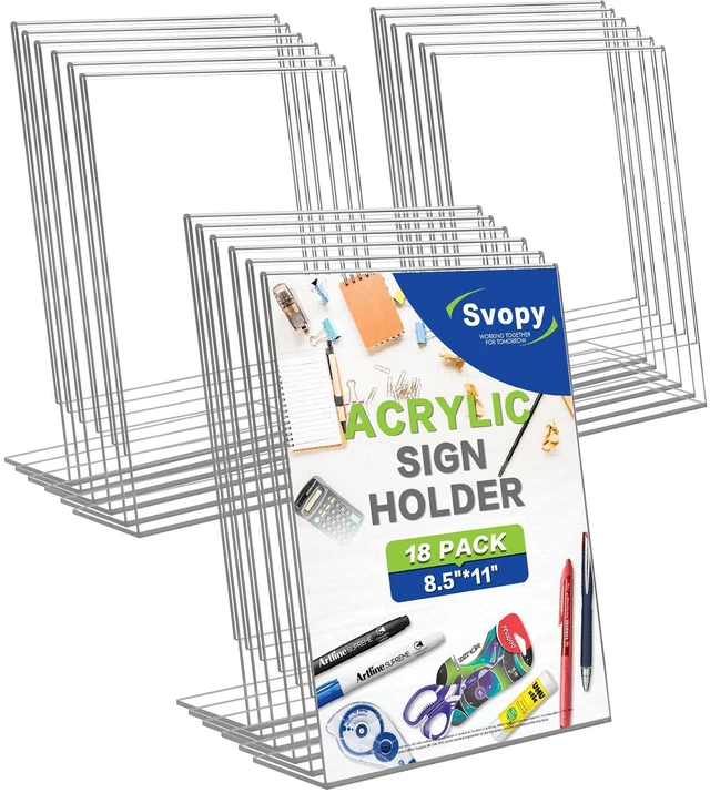 Main image of 8.5x11 Acrylic Sign Stand Holders, Clear Plastic Table Paper Display Stands Displaying Posters, Pictures, Flyers, Menu Tabletop Holder Stand - 8.5 x 11 L Shape 18 pack