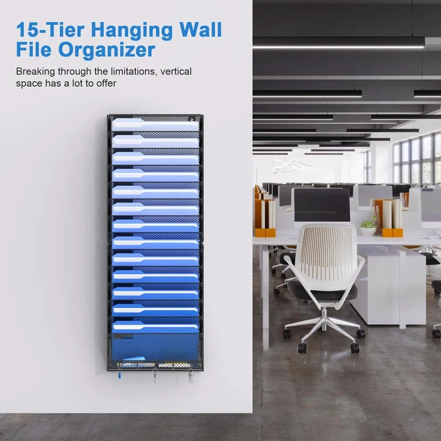 Alt view image 2 of 6 - 15 Tier Wall File Organizer with Hooks, Hanging Wall File Holder Wall Mount Paper Folder Organizer for Office, Magazine Rack