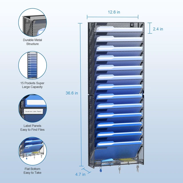 Alt view image 3 of 6 - 15 Tier Wall File Organizer with Hooks, Hanging Wall File Holder Wall Mount Paper Folder Organizer for Office, Magazine Rack