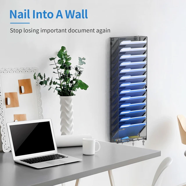 Alt view image 4 of 6 - 15 Tier Wall File Organizer with Hooks, Hanging Wall File Holder Wall Mount Paper Folder Organizer for Office, Magazine Rack