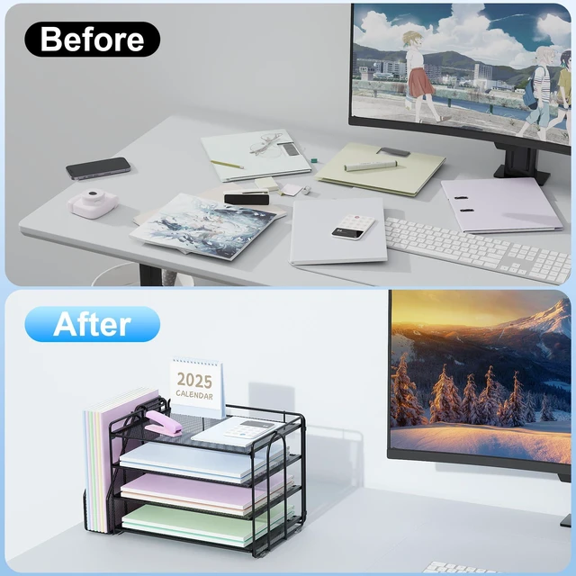Alt view image 2 of 7 - 4-Tier Paper Organizer for Desk with File Organizer Desk Organizers and Accessories Desk Accessories & Workspace Organizers for Office Supplies (Black)