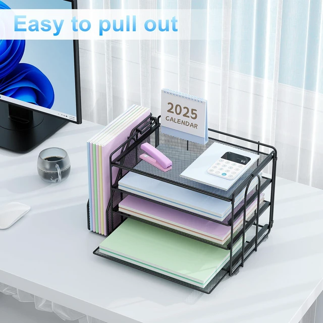 Alt view image 6 of 7 - 4-Tier Paper Organizer for Desk with File Organizer Desk Organizers and Accessories Desk Accessories & Workspace Organizers for Office Supplies (Black)